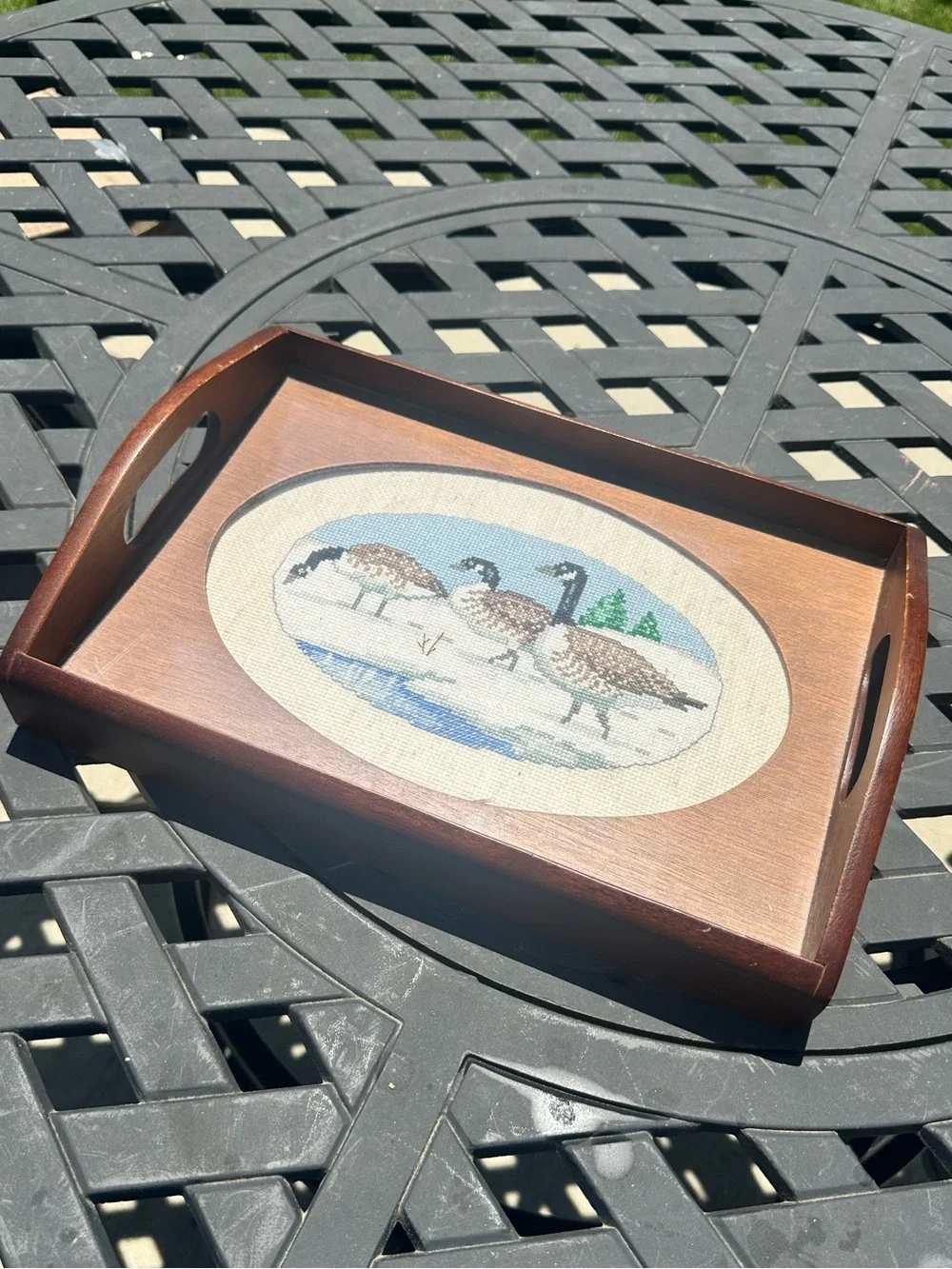 Vintage 1986 The Creative Circle Canada Geese Wood Serving Tray Cross Stitch